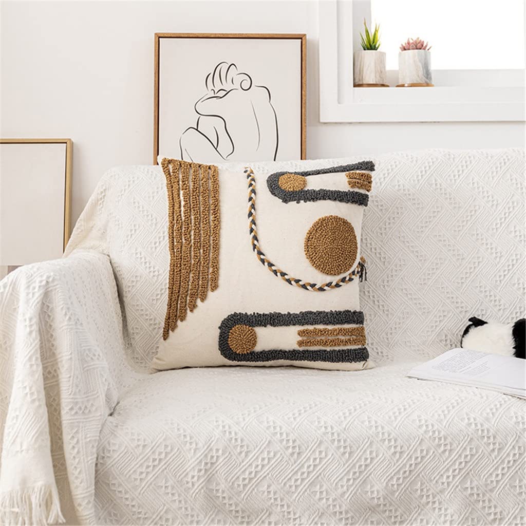 Geometric Embroidered Tassel Cushion Cover, Brown & Gray