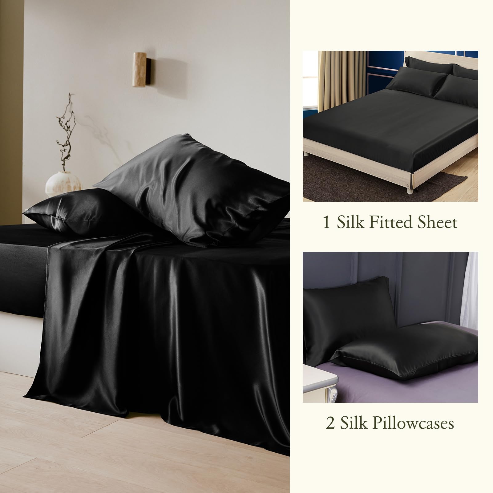 3-Piece 100% Mulberry Silk Fitted Sheet Set with 2 Pillowcases, 19 Momme, 16" Deep Pocket