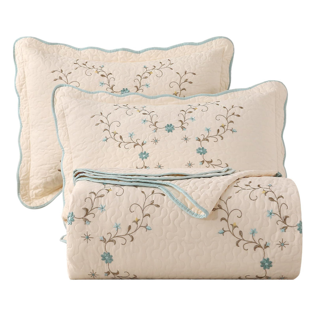 100% Cotton Floral Embroidered Reversible Quilt Set with 2 Pillow Shams