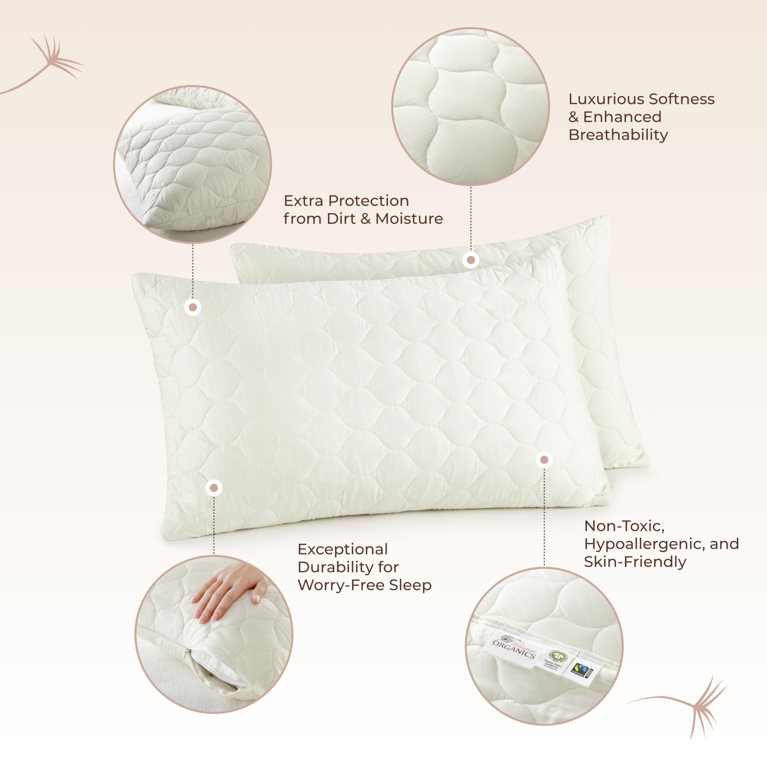 Whisper Organics Quilted Pillow Protector 100% Organic Cotton, Edge Piping