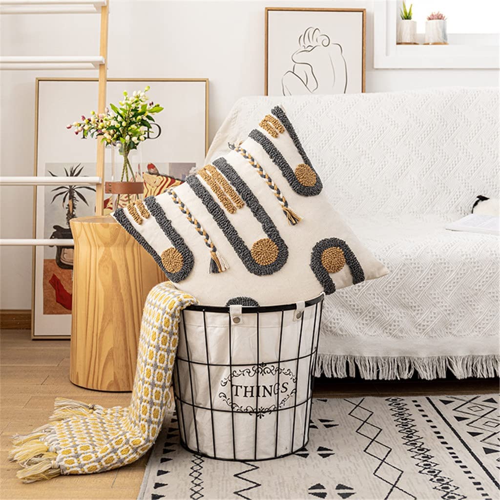 Geometric Embroidered Tassel Cushion Cover, Brown & Gray