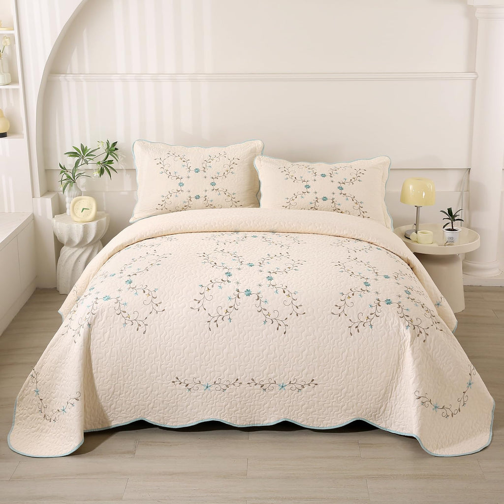 100% Cotton Floral Embroidered Reversible Quilt Set with 2 Pillow Shams