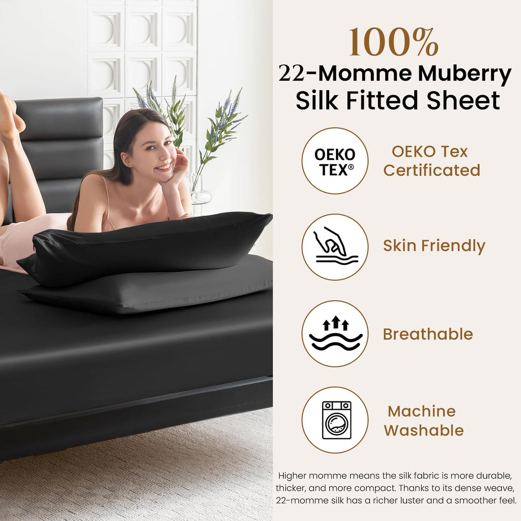 22 Momme Mulberry Silk Fitted Sheet, 16" Deep Pocket