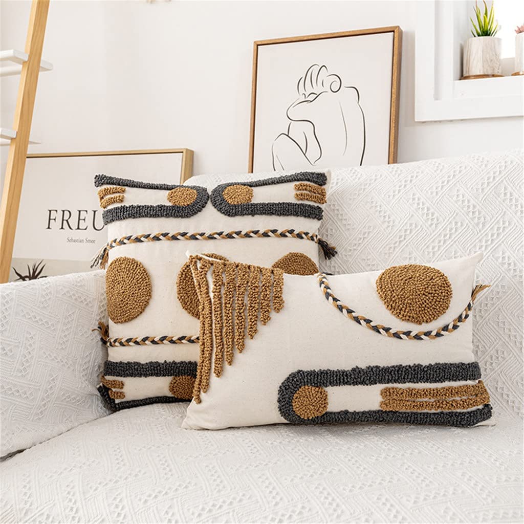 Geometric Embroidered Tassel Cushion Cover, Brown & Gray