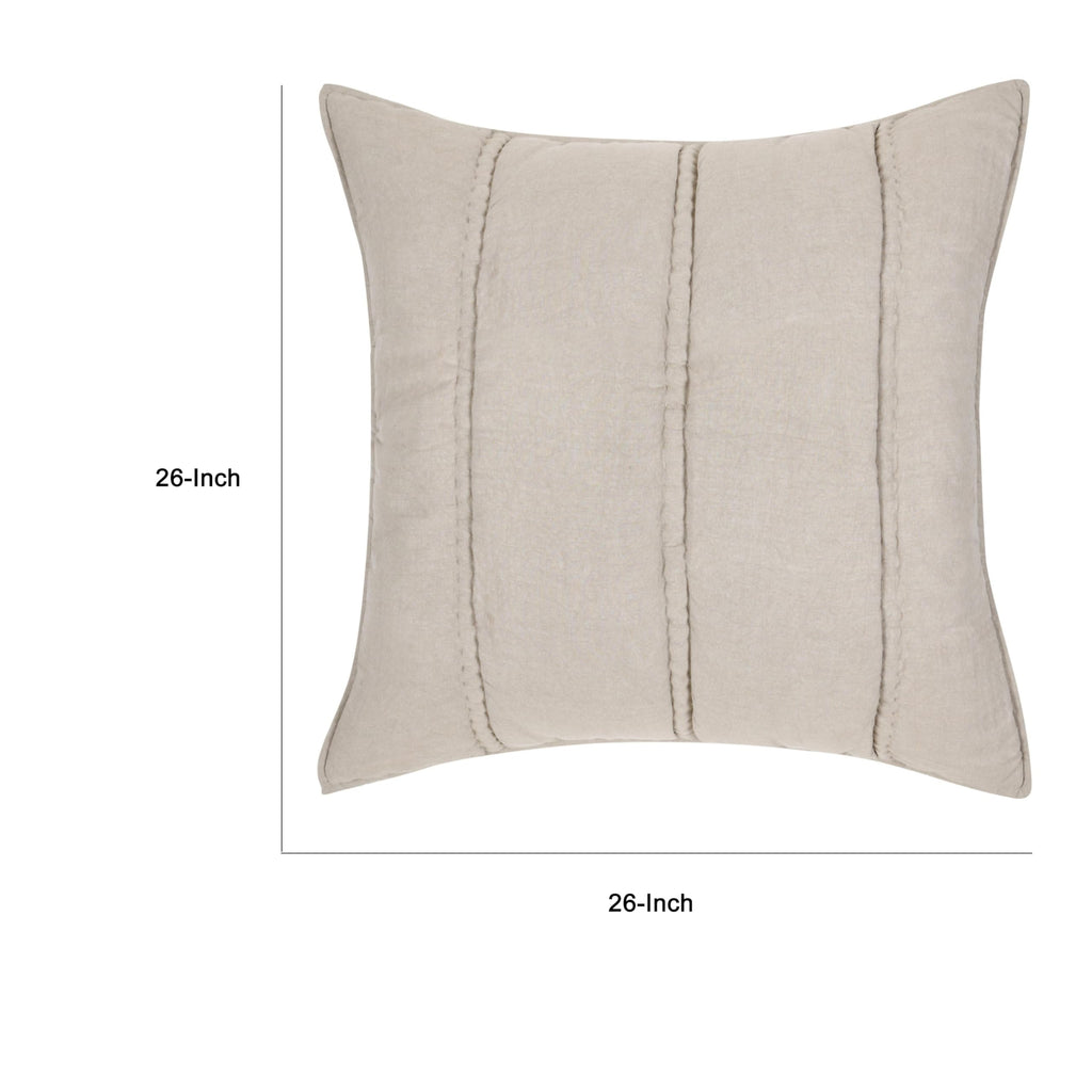 Benjara Rawi Square Euro Pillow Sham, 26 Inch Beige Channel Ramie and Cotton