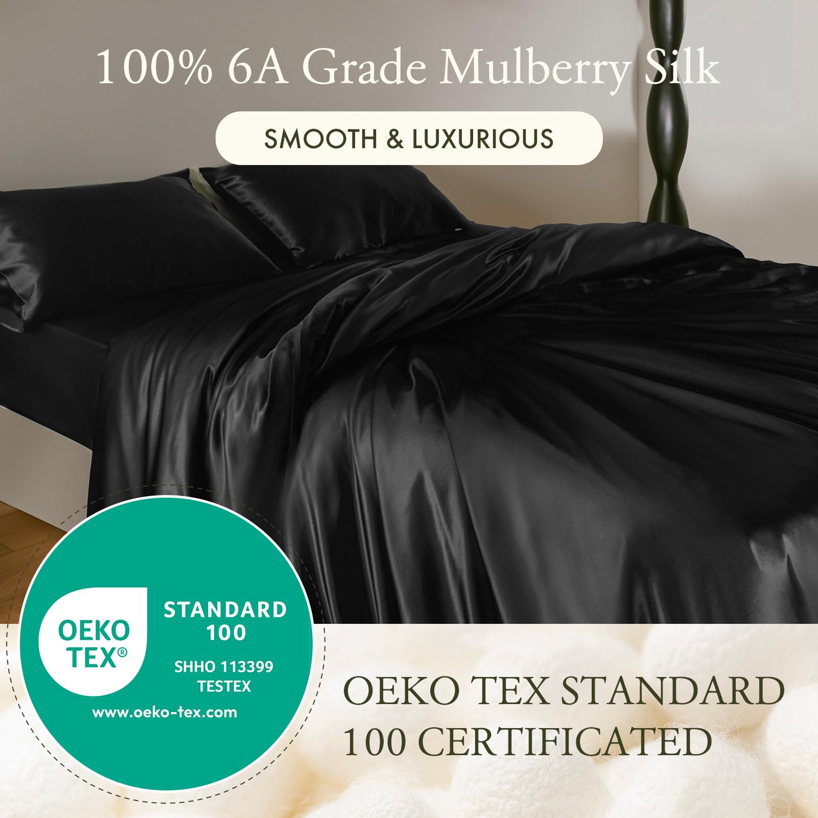 3-Piece 100% Mulberry Silk Fitted Sheet Set with 2 Pillowcases, 19 Momme, 16" Deep Pocket