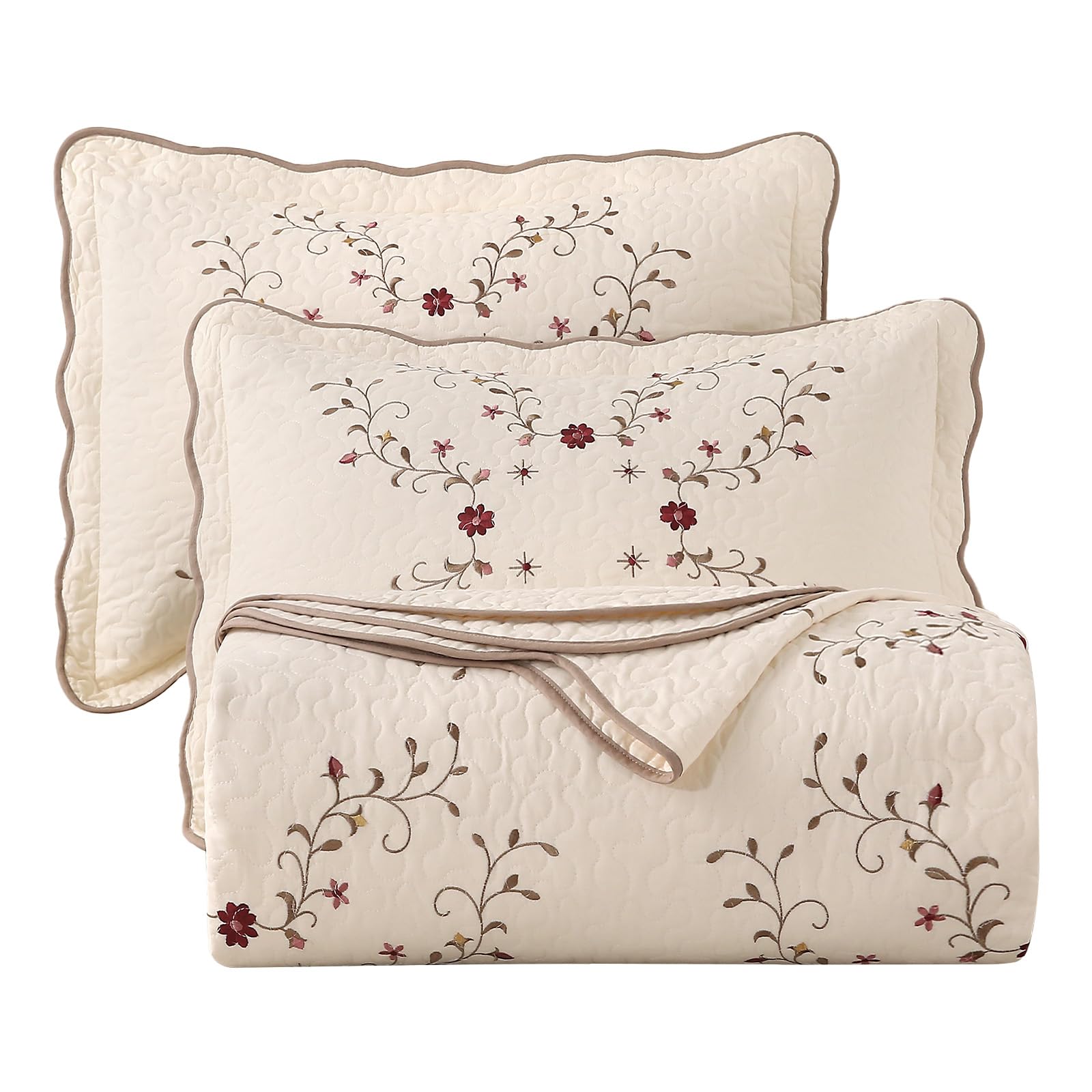 100% Cotton Floral Embroidered Reversible Quilt Set