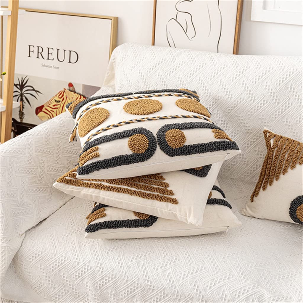 Geometric Embroidered Tassel Cushion Cover, Brown & Gray