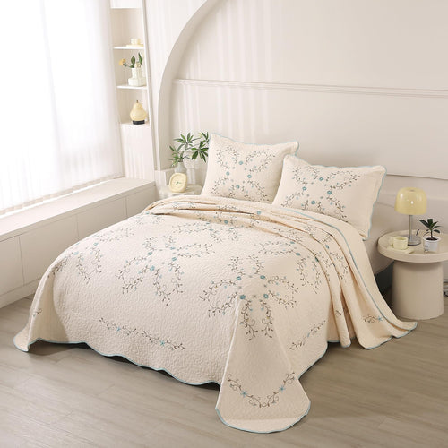 100% Cotton Floral Embroidered Reversible Quilt Set with 2 Pillow Shams