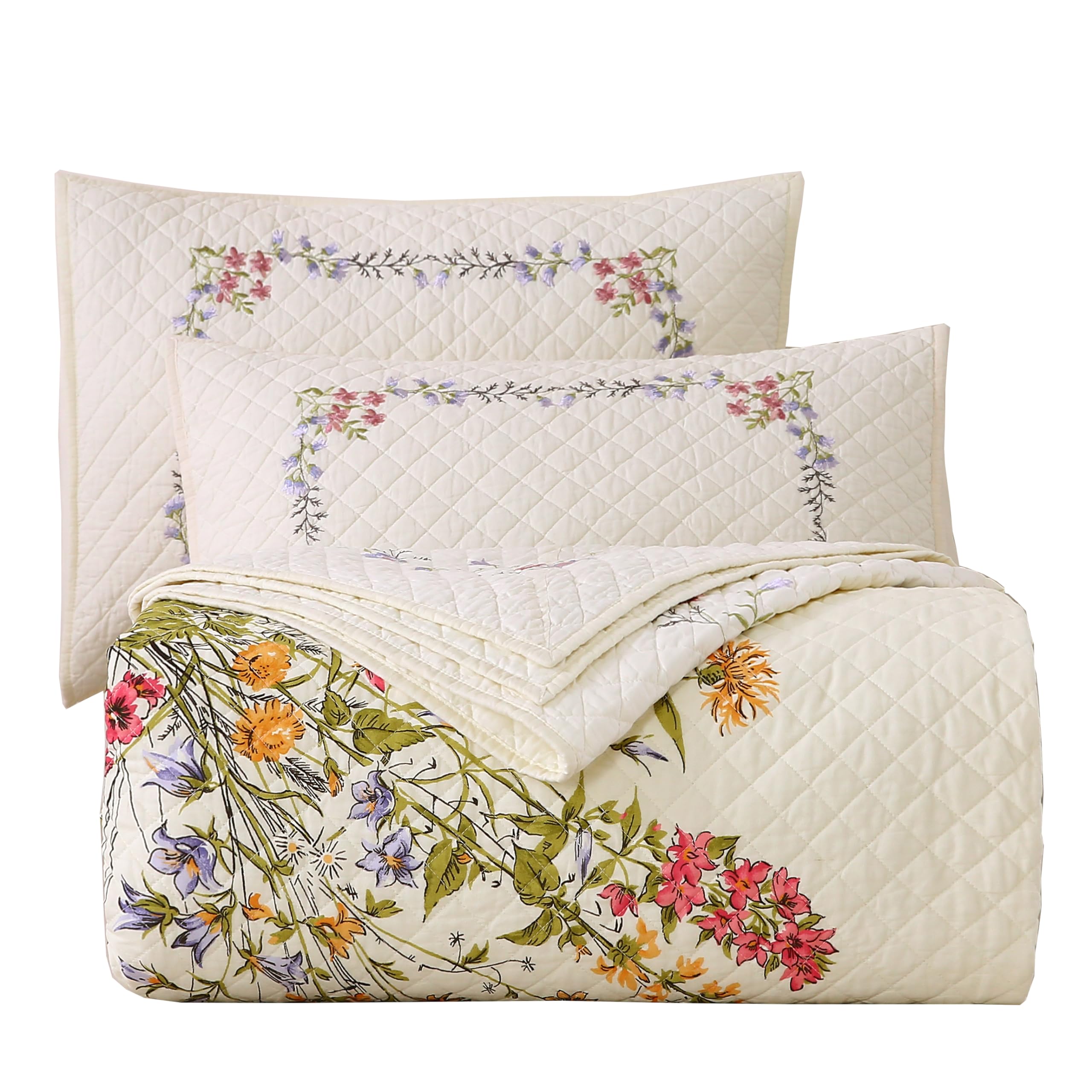 3-Piece Cotton Embroidered Reversible Quilt Set with 2 Pillow Shams