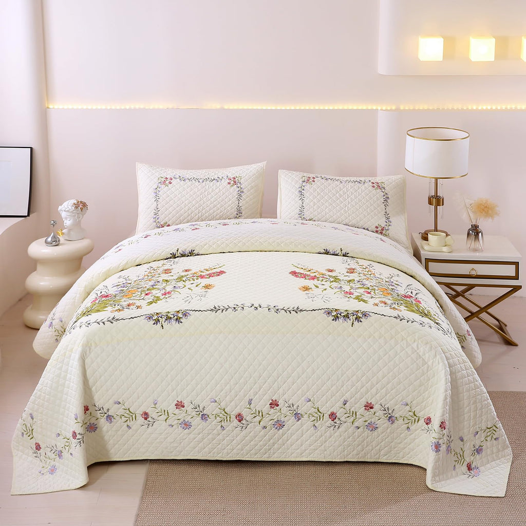 3-Piece Cotton Embroidered Reversible Quilt Set with 2 Pillow Shams