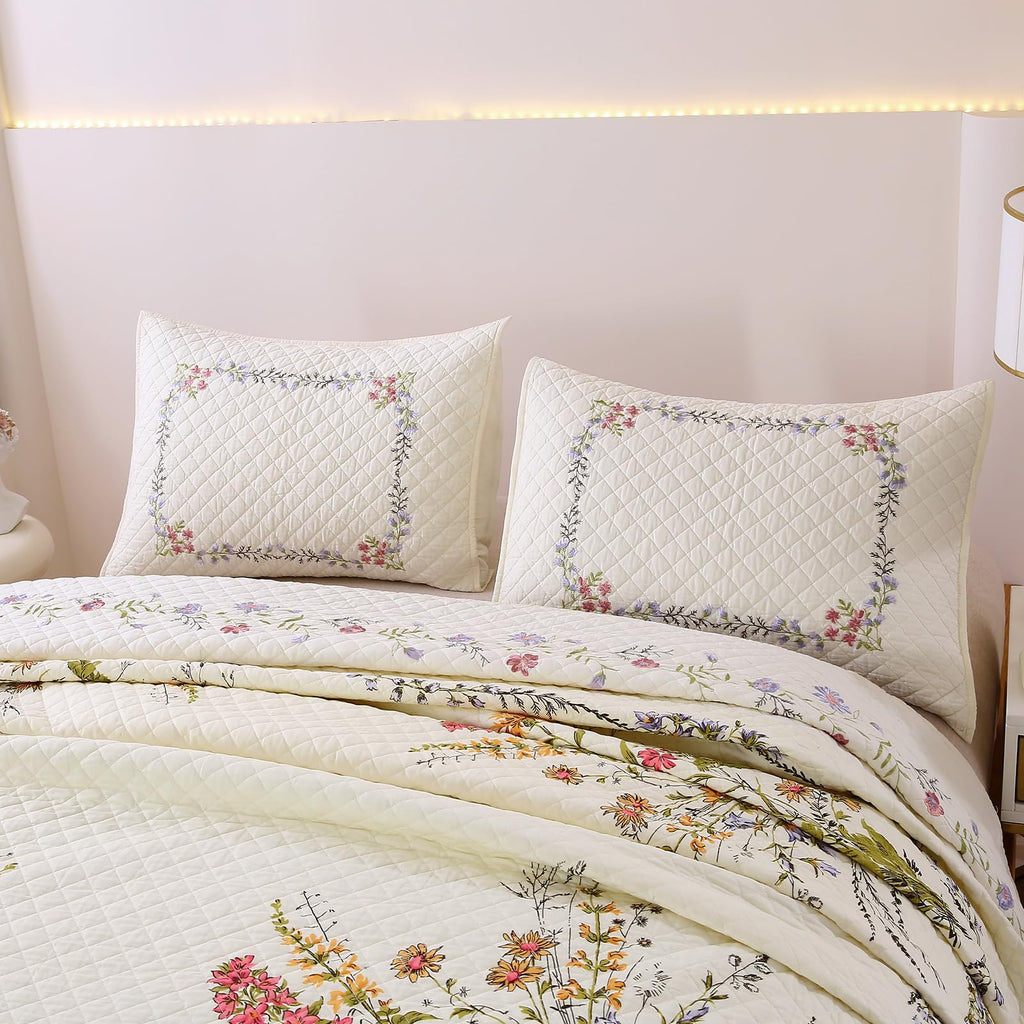 3-Piece Cotton Embroidered Reversible Quilt Set with 2 Pillow Shams