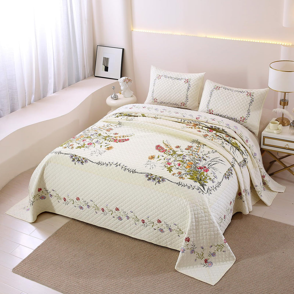 3-Piece Cotton Embroidered Reversible Quilt Set with 2 Pillow Shams