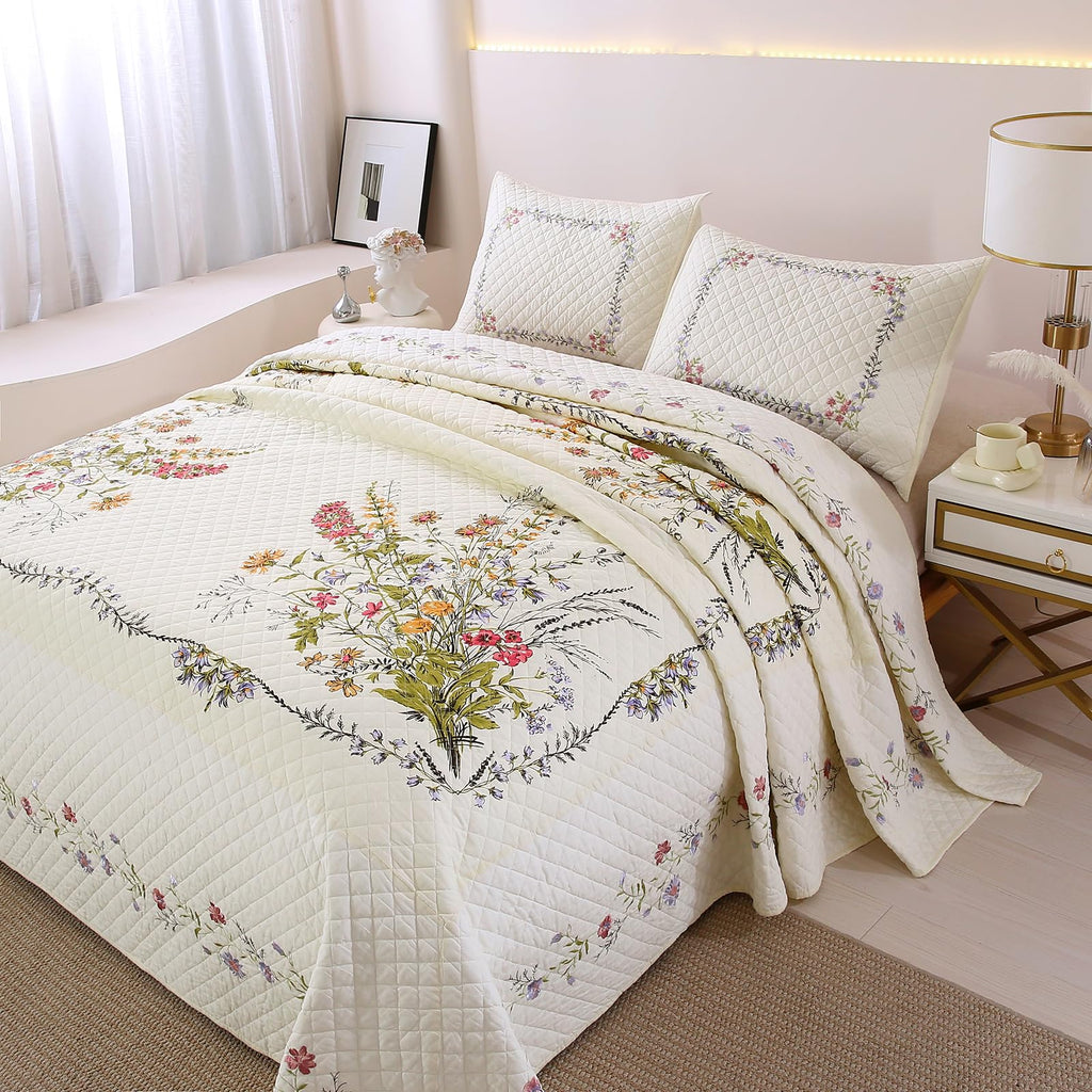 3-Piece Cotton Embroidered Reversible Quilt Set with 2 Pillow Shams