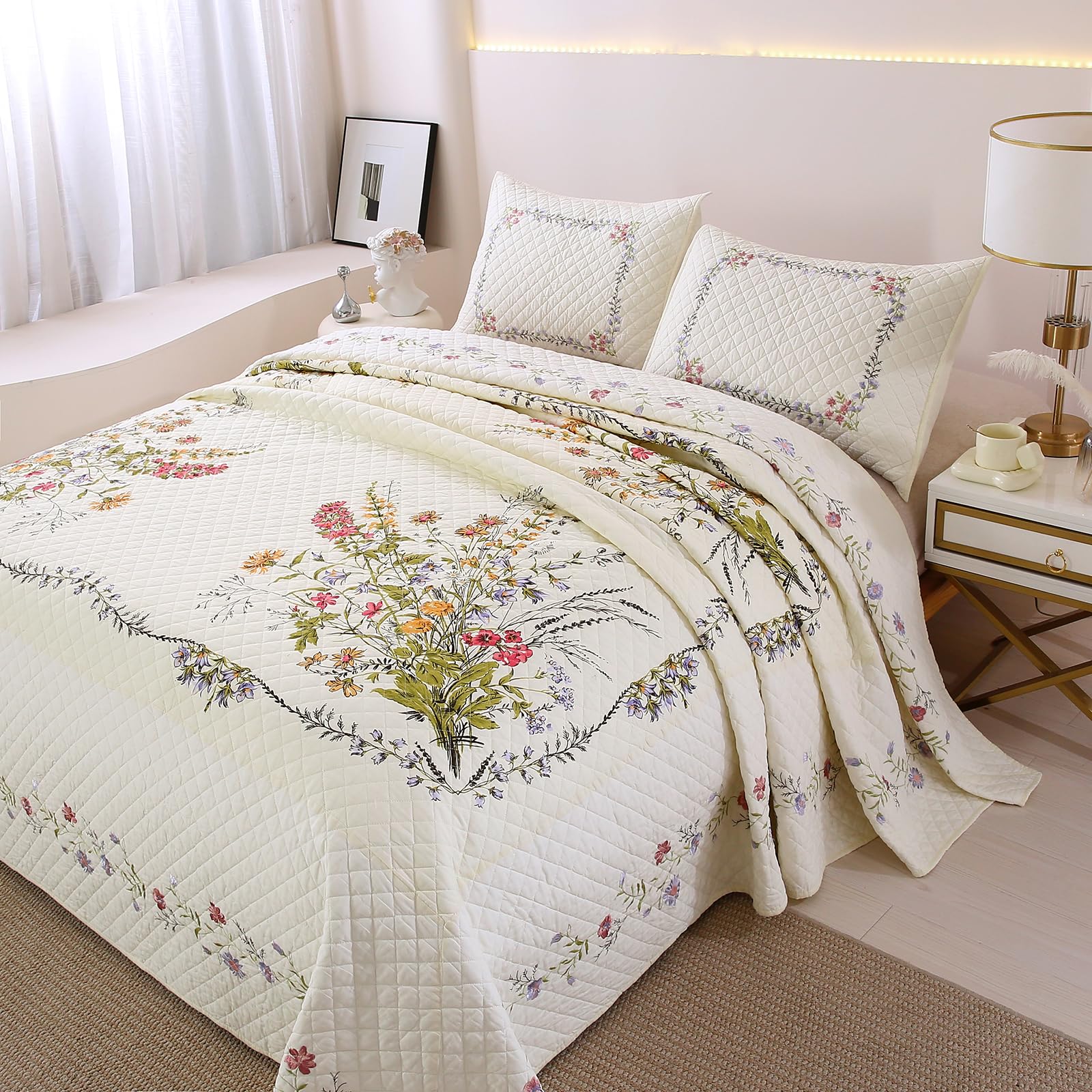 3-Piece Cotton Embroidered Reversible Quilt Set with 2 Pillow Shams